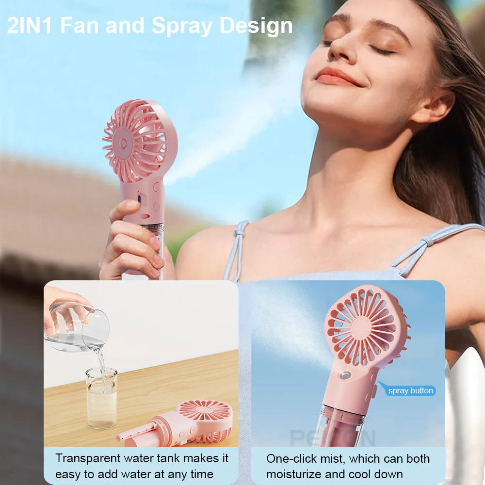 Pink mini mist fan spraying mist in front of a person’s face